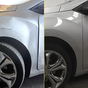 Antes e depois de amassado no para-lama de carro prata sem repintura