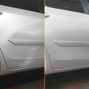 Antes e depois de amassado em porta de carro prata reparado sem pintura em Bauru