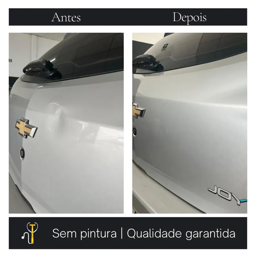 Antes e depois de amassado em tampa de porta-malas prata reparado sem repintura