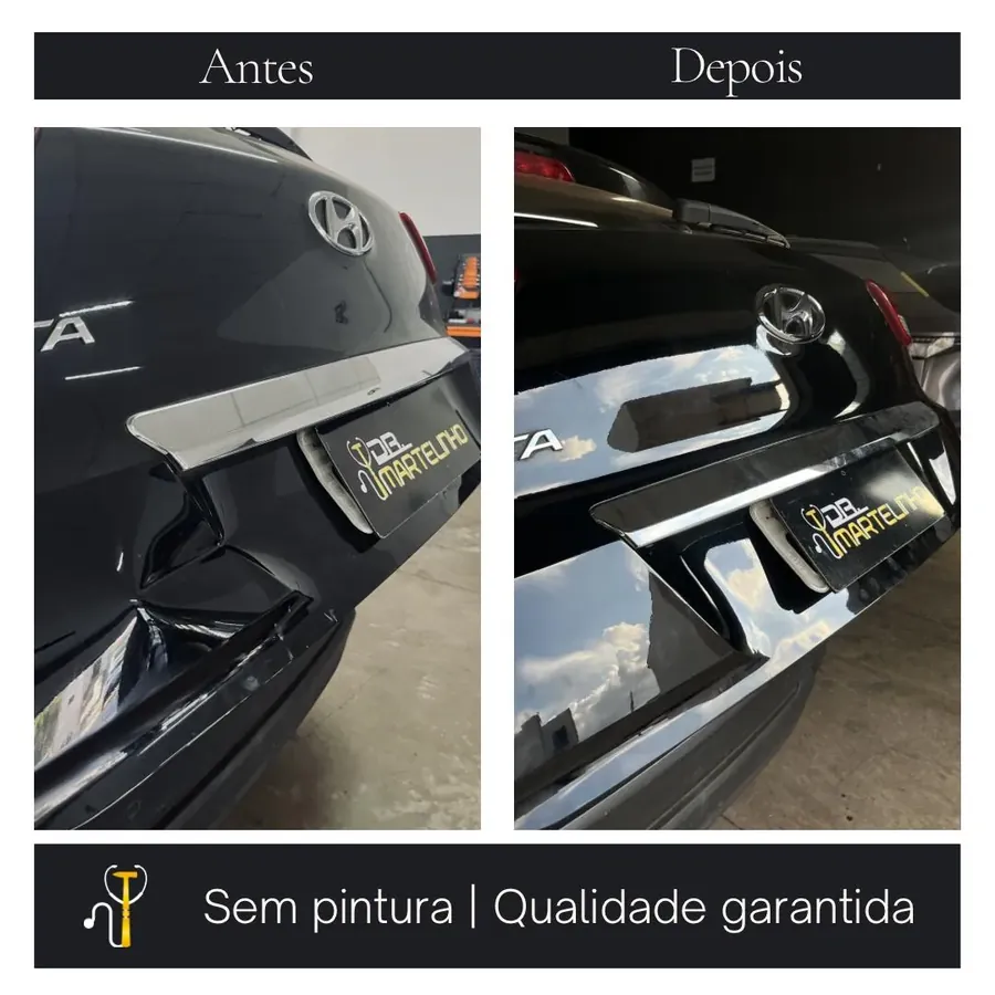 Antes e depois de amassado na tampa traseira de carro preto reparado sem pintura